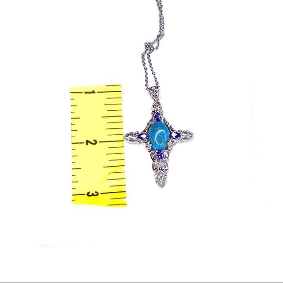 KARIS BLUE TURQUOISE PENDANT PLATINUM BONDED BRASS STAINLESS STEEL NECKLACE - Picture 6 of 6